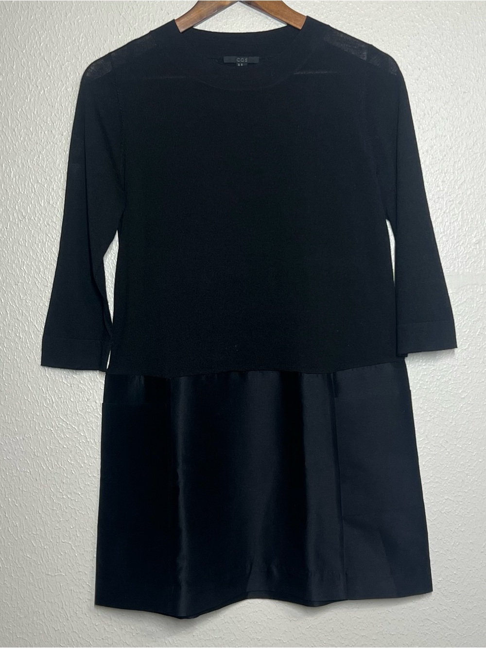 COS Dress Size XS Black Wool Blend Mixed Media Shift Pockets 3/4 Sleeves